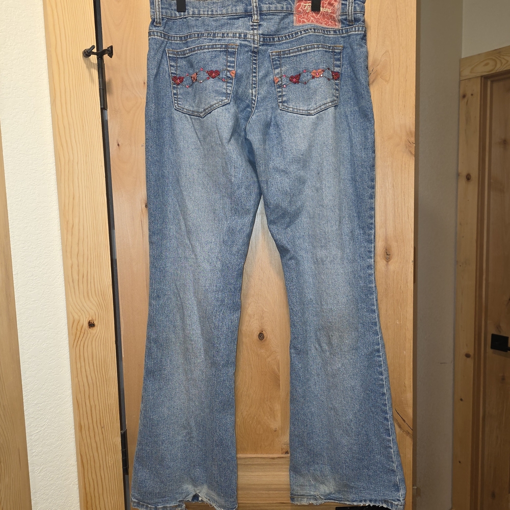 y2k Heart Embroidered Low Rise Rhinestone Flare jeans Tyte brand 2000s mcbling
